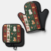 New Year's texture of fabric and packaging, bears, Ovenwant & Pannenlap Set (Voorkant / Achterkant)