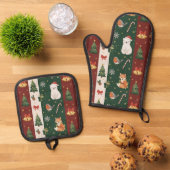 New Year's texture of fabric and packaging, bears, Ovenwant & Pannenlap Set (Top down)