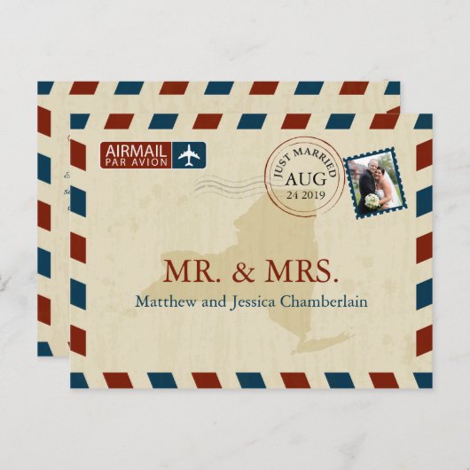 New York Airmail | Huwelijk Dank u Briefkaart (Voorkant / Achterkant)