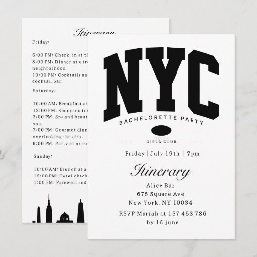 New York Bachelorette zwart-wit route Kaart (Voorkant / Achterkant)