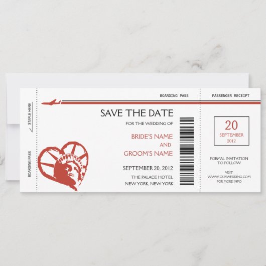 New York Boarding Pass Save the Date Invitations (Voorkant)
