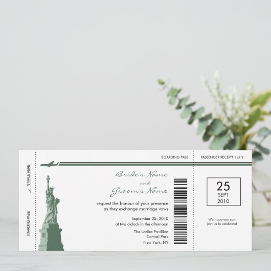 New York Boarding Pass Wedding Invitting Kaart (Staand voorkant)
