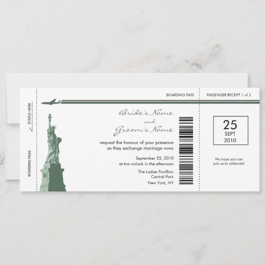 New York Boarding Pass Wedding Invitting Kaart (Voorkant)