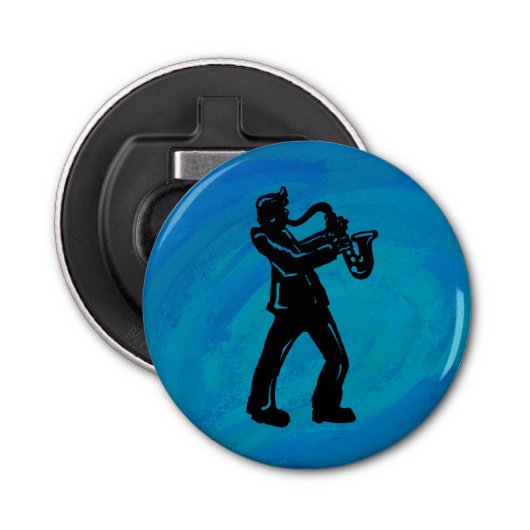 New York Boogie Nights Saxophone Blue Button Flesopener (Voorkant)
