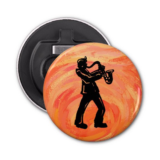 New York Boogie Nights Saxophone Sinaasappel Button Flesopener (Voorkant)