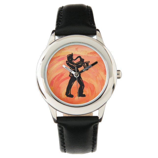 New York Boogie Nights Saxophone Sinaasappel Horloge (Voorkant)