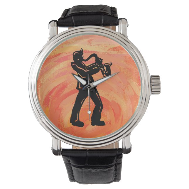 New York Boogie Nights Saxophone Sinaasappel Horloge (Voorkant)
