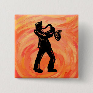 New York Boogie Nights Saxophone Sinaasappel Vierkante Button 5,1 Cm