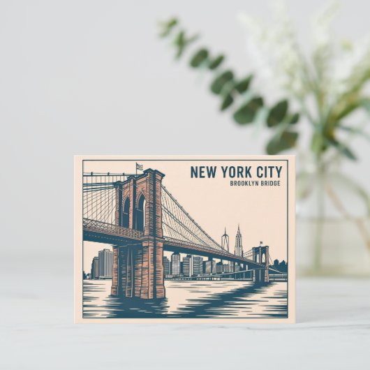 New York Brooklyn Bridge Skyline Bold Retro Reizen Briefkaart (Staand voorkant)