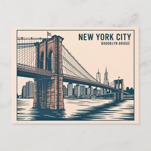 New York Brooklyn Bridge Skyline Bold Retro Reizen Briefkaart (Voorkant)
