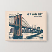 New York Brooklyn Bridge Skyline Bold Retro Reizen Button (Voorkant)