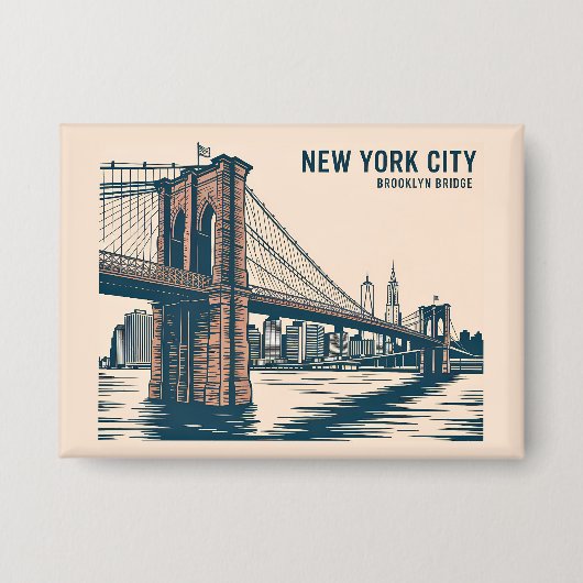 New York Brooklyn Bridge Skyline Bold Retro Reizen Button (Voorkant)