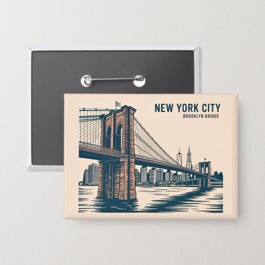 New York Brooklyn Bridge Skyline Bold Retro Reizen Button (Voorkant / Achterkant)