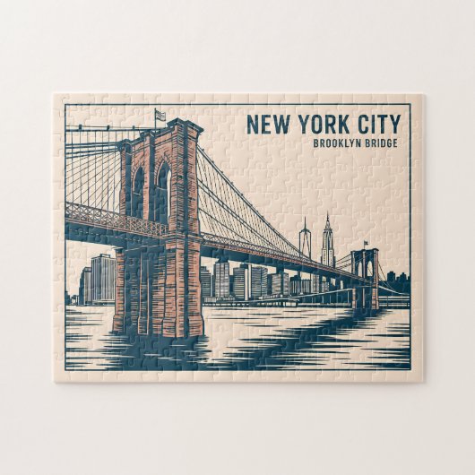 New York Brooklyn Bridge Skyline Bold Retro Reizen Legpuzzel (Horizontaal)