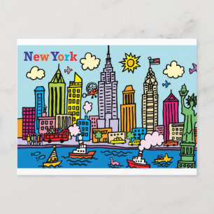 New York Cartoon Bezienswaardigheden Gebouwen Briefkaart