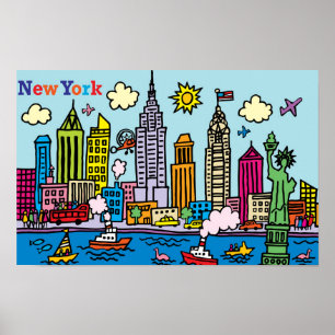 New York Cartoon Bezienswaardigheden Gebouwen Poster