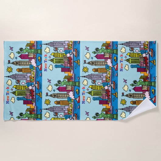 New York Cartoon Bezienswaardigheden Gebouwen Strandlaken (Voorkant)