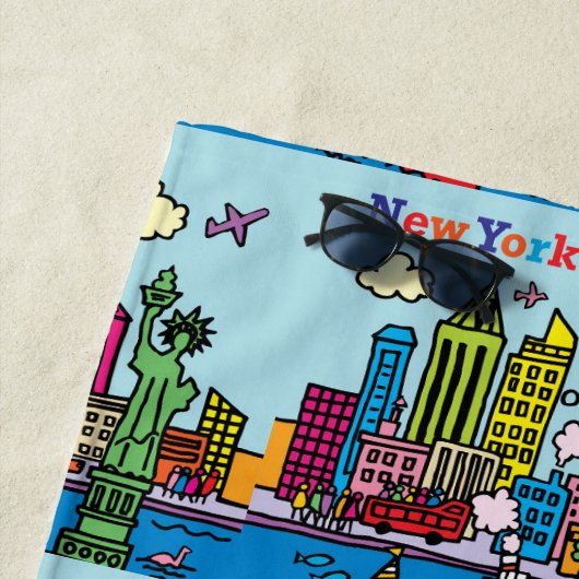 New York Cartoon Bezienswaardigheden Gebouwen Strandlaken (In situ)