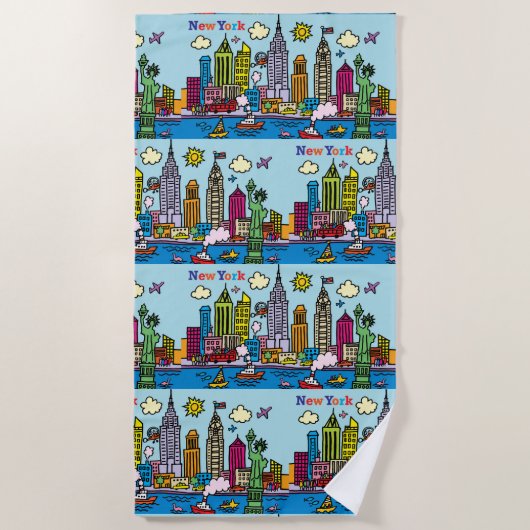 New York Cartoon Bezienswaardigheden Gebouwen Strandlaken (Voorkant)