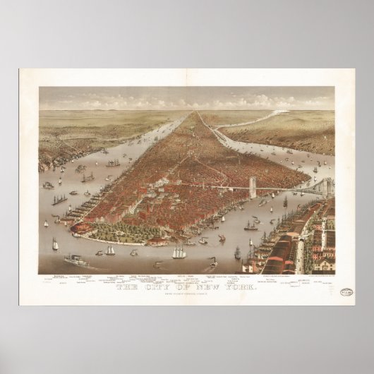 New York City 1884 Antiek Panorama Poster (Voorkant)