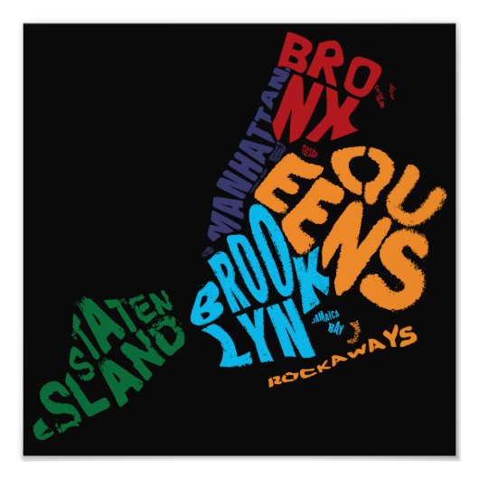 New York City 5 Boroughs Calligram Map Foto Afdruk (Voorkant)