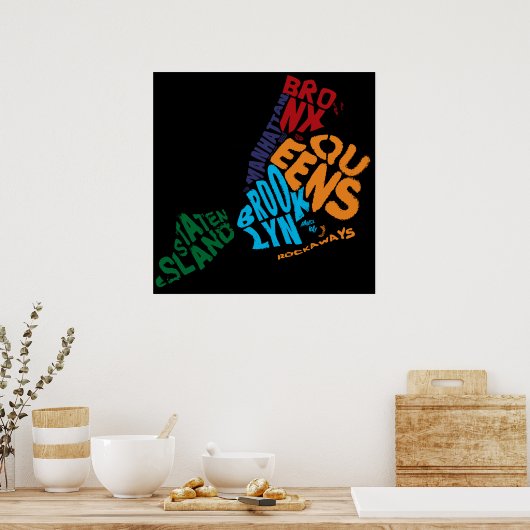 New York City 5 Boroughs Calligram Map Poster (Keuken)