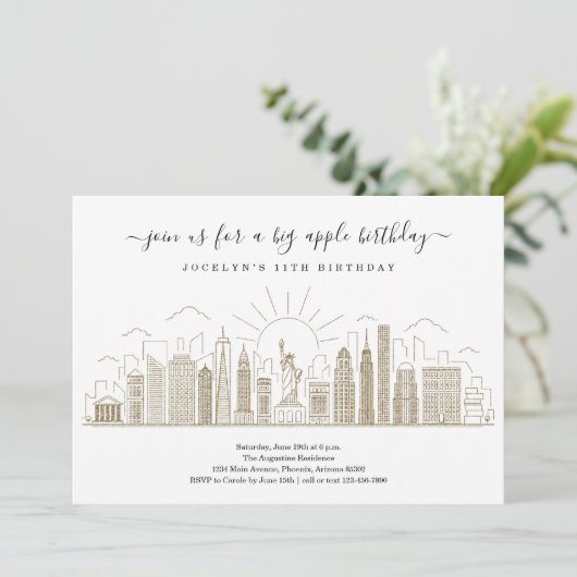 New York City Big Birthday Apple Party Gold Kaart (Staand voorkant)