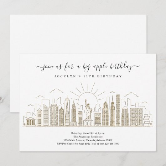 New York City Big Birthday Apple Party Gold Kaart (Voorkant / Achterkant)