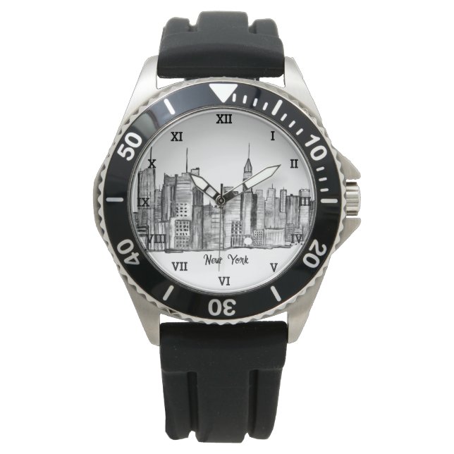New York City Black Modern Skyline Travel NYC Horloge (Voorkant)