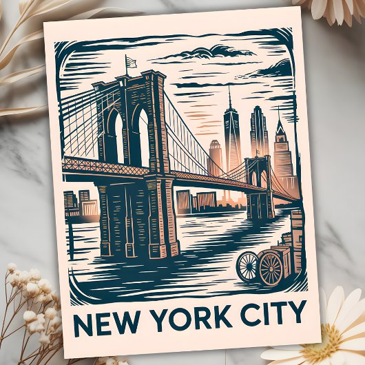 New York City Brooklyn Bridge Bold Retro Skyline Briefkaart