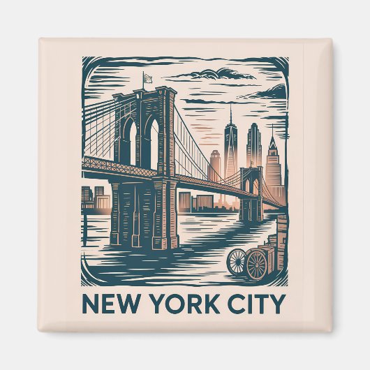 New York City Brooklyn Bridge Bold Retro Skyline Magneet (Voorkant)