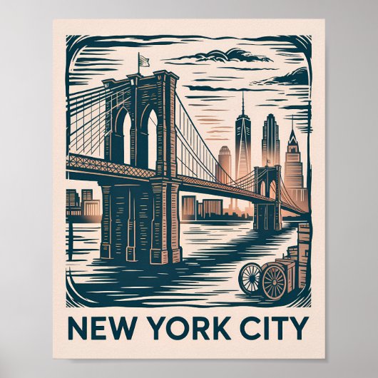 New York City Brooklyn Bridge Bold Retro Skyline Poster (Voorkant)