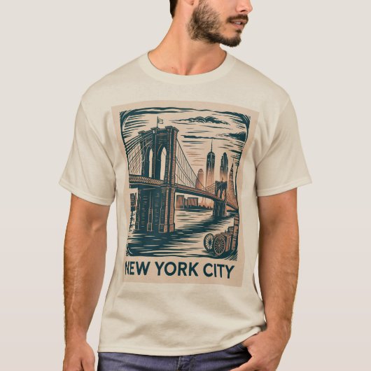 New York City Brooklyn Bridge Bold Retro Skyline T-shirt (Voorkant)
