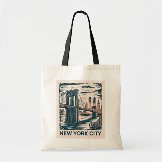 New York City Brooklyn Bridge Bold Retro Skyline Tote Bag (Voorkant)