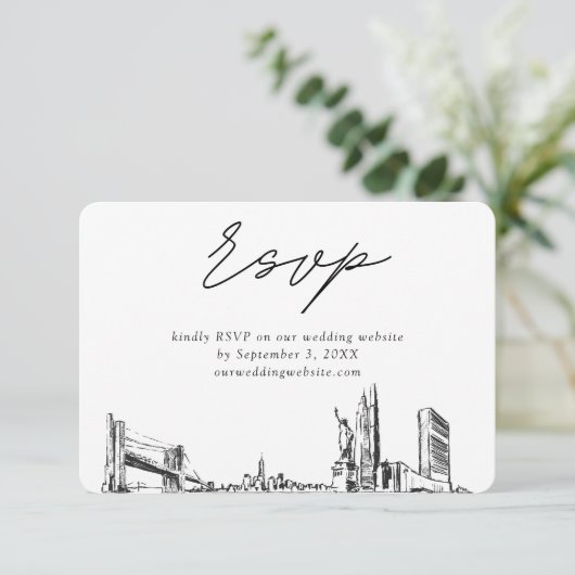 New York City Bruiloft Minimalistische Schets RSVP Informatiekaartje (Staand voorkant)