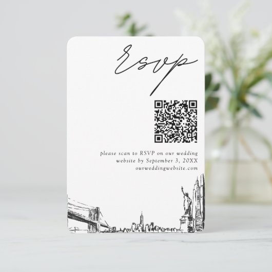 New York City Bruiloft Moderne RSVP QR Code Informatiekaartje (Staand voorkant)