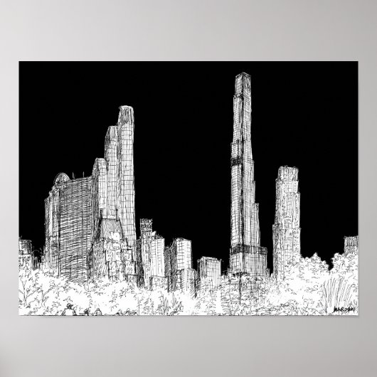 New York City Central Park Skyline Travel Sketch Poster (Voorkant)