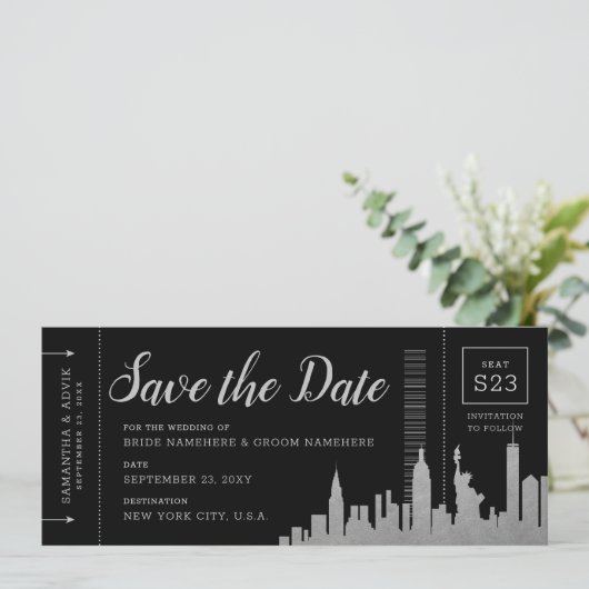 New York City Destination Silver Boarding Pass Save The Date (Staand voorkant)
