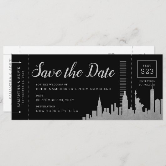 New York City Destination Silver Boarding Pass Save The Date (Voorkant / Achterkant)