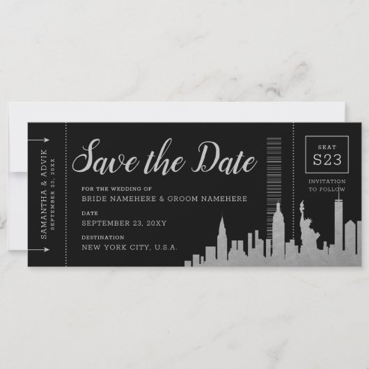 New York City Destination Silver Boarding Pass Save The Date (Voorkant)