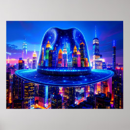 New York City Gebouwen 's Nachts Onder Fedora Hoed Poster