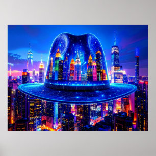 New York City Gebouwen 's Nachts Onder Fedora Hoed Poster
