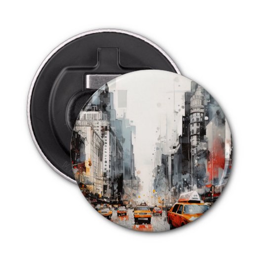 New York City, geschilderd landschap. Button Flesopener (Voorkant)