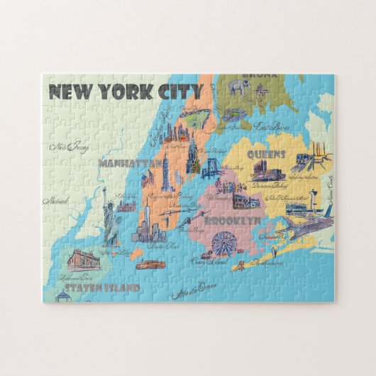 New York City Illustrated Retro  Map Legpuzzel (Horizontaal)