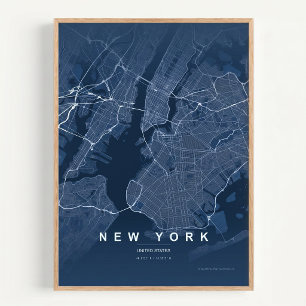 New York City Kaart NYC Blauwe Kunst Poster Cadeau