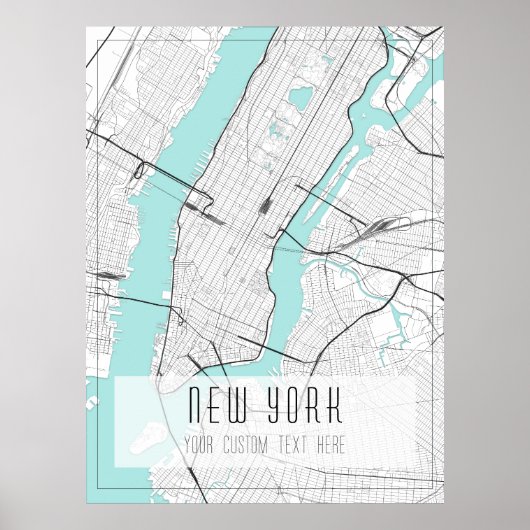 New York City kaart, zwart, wit en blauw Poster (Voorkant)