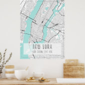 New York City kaart, zwart, wit en blauw Poster (Keuken)