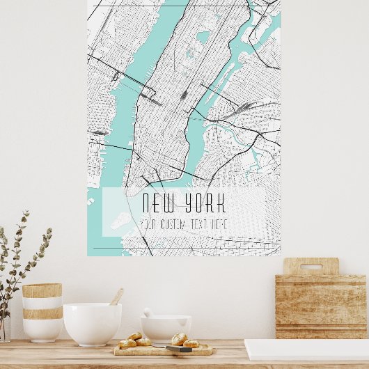 New York City kaart, zwart, wit en blauw Poster (Keuken)