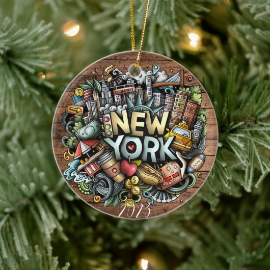 New York City Kerstmis - Aangepaste jaarnaam Keramisch Ornament (Boom)