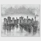 New York City Manhattan Skyline - zwart-wit Cadeaupapier (Vlak)